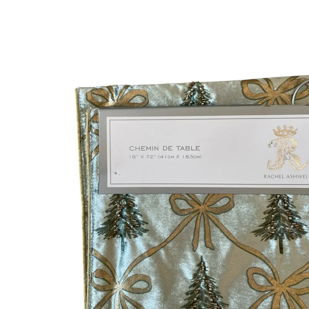RACHEL ASHWELL Beaded Christmas Tree Bow Table Runner 16x90 Mint Green Gold NEW